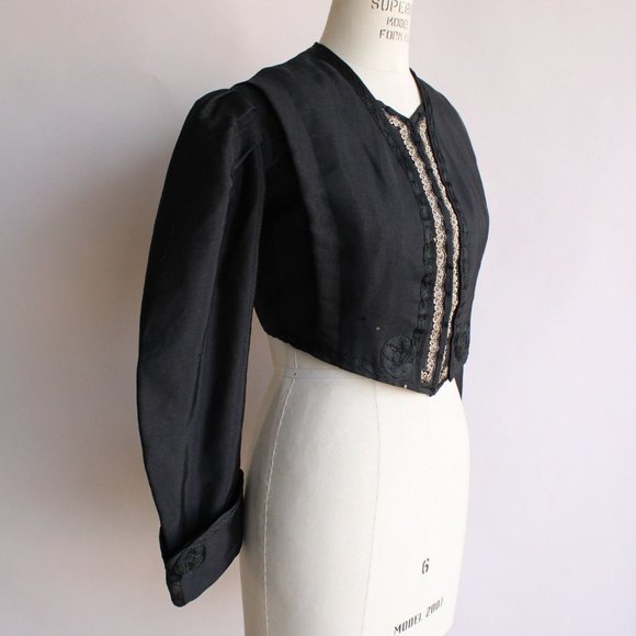 Vintage Antique 1800s Womens Victorian Jacket, Large Size Black Silk Edwardian - Picture 4 of 10